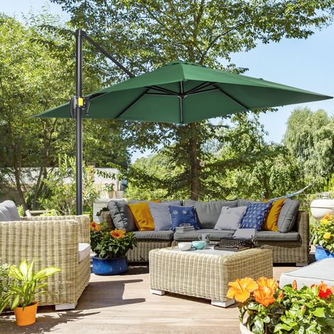 Parasol jardin 2,5×2,5m rotation 360° manivelle bras décalé base aération pare-soleil 5 niveaux, vert