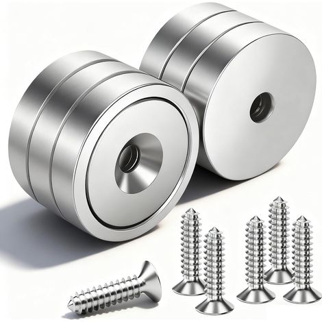6 Pièces Aimants en Néodyme 20x6 mm Extrêmement Puissants, 10 KG Force + 6 Vis Incluses, Aimant en Pot Fraisé (Argent Brillant) (1/5)