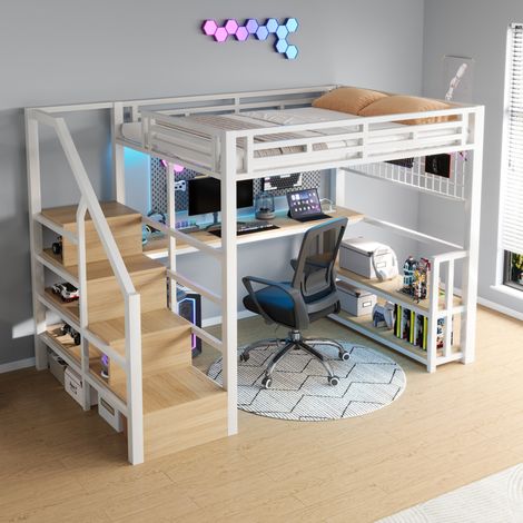 Lit mezzanine 140 x 200 cm en métal et MDF blanc, avec bureau, étagère, grille suspendue, LED, rangements et 2 ports USB + Type-C – de FLORAGRACE (1/5)