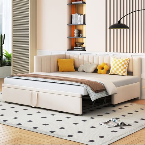 Canapé-lit en velours beige 90x200 cm avec lit gigogne, dossier et tête de lit, sommier à lattes inclus (1/5)