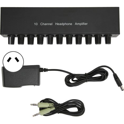 Amplificateur casque stéréo 10 sorties, entrée mini-jack 3.5mm, répartiteur audio 1 entrée 10 sorties, adaptateur 100-240V prise AU (1/5)