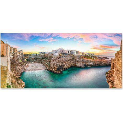 Lupia - Quadro moderno su Tela Canvas DEEP 65X143 cm, con paesaggi e localismi italiani, per casa, soggiorno, capezzale camera da letto, hotel, ufficio, PUGLIA - POLIGNANO A MARE (1/4)