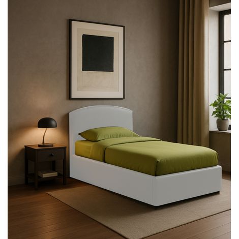 letto singolo con contenitore "moon"  rivestito in tessuto bianco 90x190 cm (1/4)