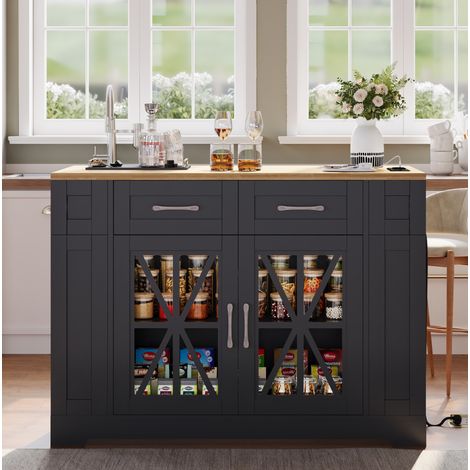 Isola cucina mobile 120 cm con piano ribaltabile, prese AC/USB, ante vetrate, nero/naturale (1/5)