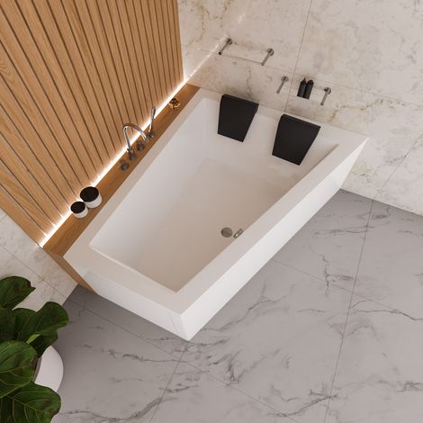 ECOLAM Badewanne Eckbadewanne Sfera Maxi 180x130 cm RECHTS + Schürze 2x schwarze Kissen Duowanne große Wanne für zwei Personen Acrylwanne Komplettset Ablaufgarnitur Füße Silikon (1/5)