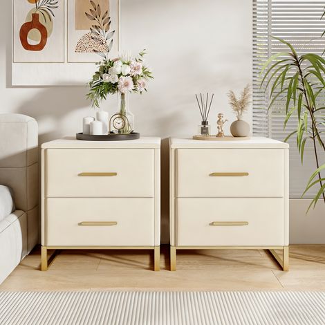 Lot de 2 Table de Chevet, Table de de chevet beige velours avec 2 tiroirs, Armoire de Chevet, Meuble de chambre, Table de Nuit