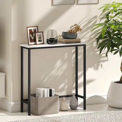 Table console en bois et métal noir 75 cm, plateau effet marbre, gain de place