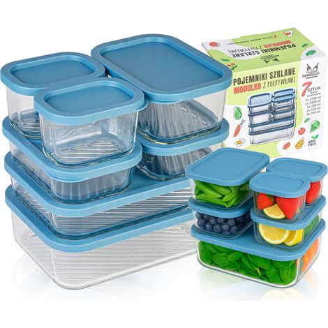 Modulare Glasbehälter (7 Stück) - 2x 310 ml + 2x 520 ml + 1x 750 ml + 1x 1200 ml + 1x 1700 ml mit blauen Kunststoffdeckeln