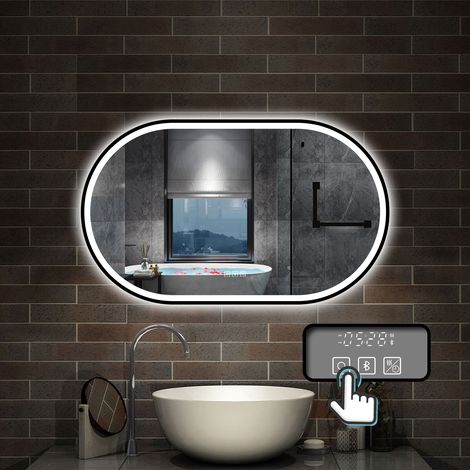 LED Badspiegel Badezimmerspiegel Wandspiegel, Beschlagfrei, Drei Farben Dimmbar, Bluetooth, Uhr 60x100cm