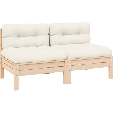 Canapé de jardin 2 places modulable en bois de pin massif avec coussins crème - PANGIVO (1/5)