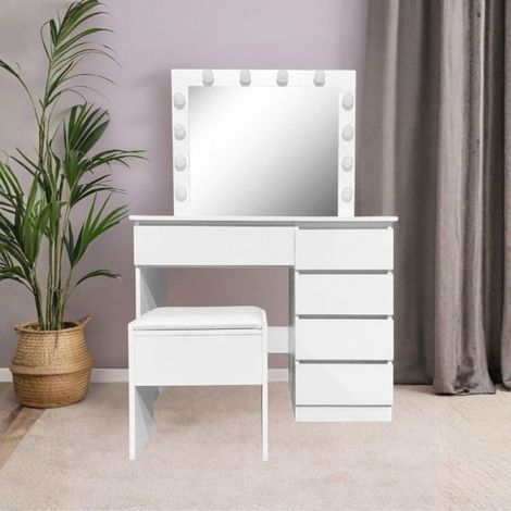 Toeletta da trucco con specchio led e sgabello 94X43X140H colore bianco lucido Aurora