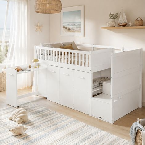 Kinder-Hochbett 90x200 cm mit Schreibtisch, Kleiderschrank und Stauraum, weiß OKMYHOME (1/5)
