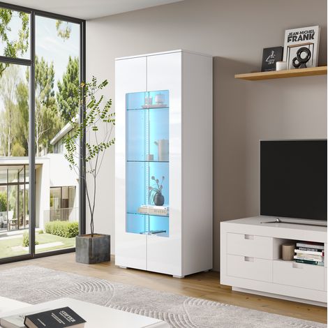 Wohnzimmervitrine 70 x 40 x 173 cm mit LED-Lichtleiste, 2 Acryl­türen, Hochglanzfront, weiß OKMYHOME (1/5)