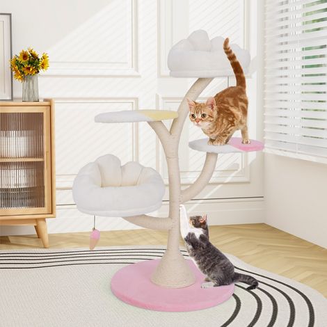 Arbre à chat, Maison à chat Mignonne Multi-niveaux avec 2 Perchoirs et Griffoir Rose CW3066 Maison Chic (1/4)