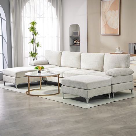 Divano Componibile 4 Posti con 2 Poggiapiedi e Cuscini per Braccioli e Schiena, Divano con Penisola in Tessuto effetto Ciniglia, 313x149x88 cm, Bianco Crema (1/5)