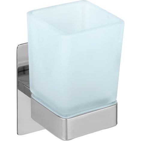 Mural Fixer sans Perçage avec Système de Pastilles Adhésives, Support en Acier Inoxydable, Gobelet en Verre Satiné 6,2 X 13,2 X 9 Cm, Brillant (1/5)