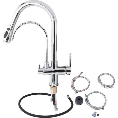 Robinet d'évier de cuisine, purificateur de filtre 3 en robinet de cuisine avec double poignée robinet d'eau chaude et froide G/2(argent) (1/3)