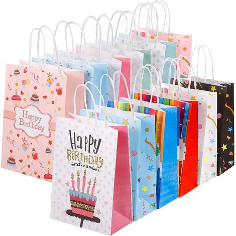 Lot de 12 sacs cadeaux Happy Birthday en kraft, 27x21x11 cm, colorés avec anses, parfaits pour anniversaire enfant et fête. (1/5)