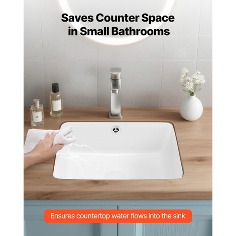 Lavabo de salle de bain sous plan, 400 x 305 mm, vasque rectangulaire en céramique blanche avec trou de trop-plein, évier moderne à… (1/5)