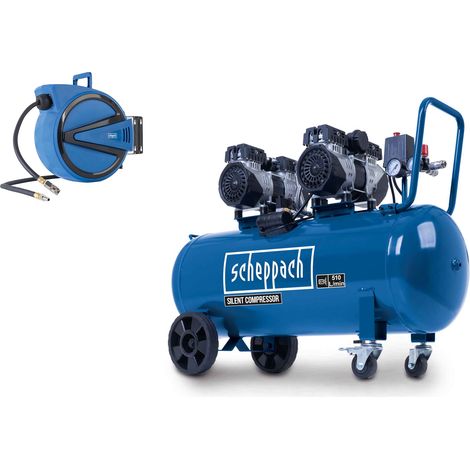Scheppach Compresseur d'air horizontal 4 cylindres HC100Si - 2200W - cuve 100L - 8 bar - 510 L/min - silencieux + Enrouleur mural automatique pour tuyau d’air comprimé AHR15 (1/4)