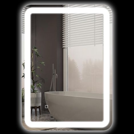 Miroir de salle de bain LED 50 x 70 cm avec 3 couleurs d'éclairage et interrupteur tactile, IP44, traitement antibuée automatique, fonction mémoire, verre trempé argenté