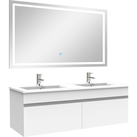 Aica Ensemble de meuble Salle de Bain Blanc + vasque + miroir lumineux 120cm (1/5)