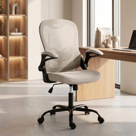 Fauteuil de Bureau Respirant en Maille Beige, Chaise Ergonomique à Hauteur Réglable, Accoudoirs Pivotants, Inclinaison Bascule, Siège Confortable pour Travail (1/5)