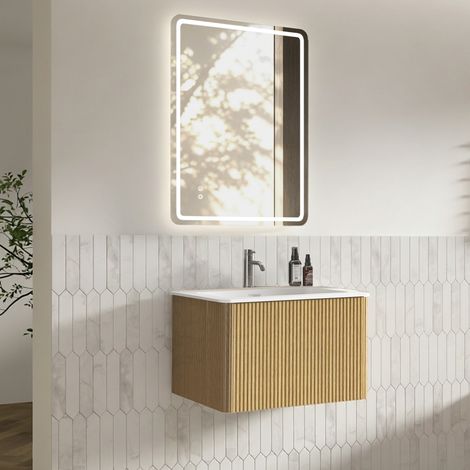 Set mobile bagno sospeso 60 cm con lavabo integrato e specchio LED 60 x 80 cm rovere (1/5)