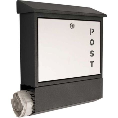 Heibi Briefkasten POST mit Zeitungsfach Stahlblech graphitgrau/Edelstahl 40x12x45 cm DIN C4 quer