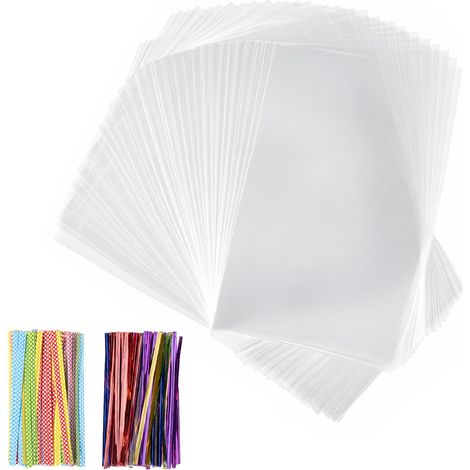 200 Pièces Sachet Bonbon, 10x15 cm Sachet Plastique Transparent Sacs Cellophane avec 200 Rubans Métalliques Pour Bonbons, Biscuits, Pain, Fruits, Etc. Pour Les Fêtes De Cadeaux (1/5)