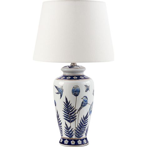 Lámpara de mesa elegante con base de porcelana con diseño floral pantalla de campana de lino iluminación blanco y azul Bijela