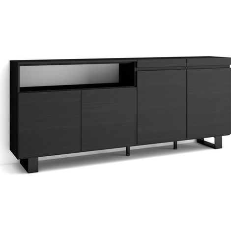 Skraut Home - Buffet salon et cuisine, Meuble de Rangement, Commode, 200x87x35cm, 4 Portes, Design industriel, Style moderne, Noir (1/5)