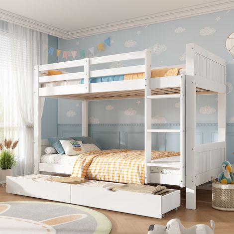 Etagenbett 90/200 cm Weiß aus Holz, teilbar in 2 Einzelbetten mit 2 Schubladen (1/5)