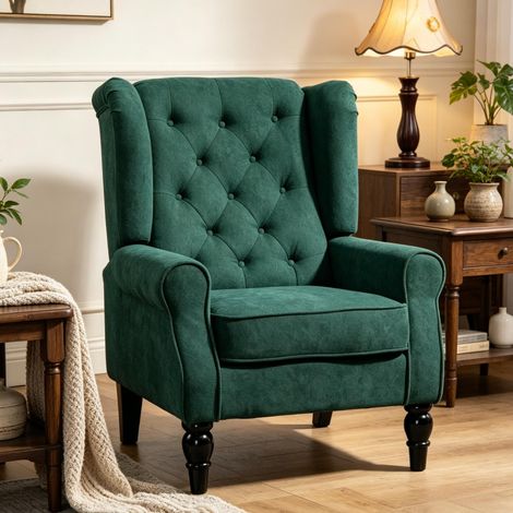 Fauteuil de salon à oreilles 74x86x102 cm toile verte, bois, style classique - CHICFURN (1/5)
