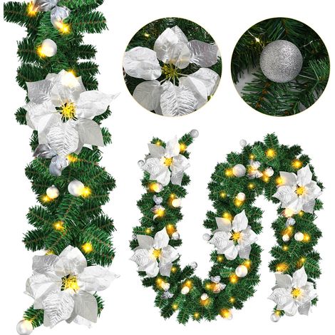 Jiubiaz Ghirlanda natalizia artificiale, 2.7 m, 50 LED bianco caldo, con palline, fiocchi di neve e nastri, a batterie - Decorazione natalizia flessibile p... (1/5)
