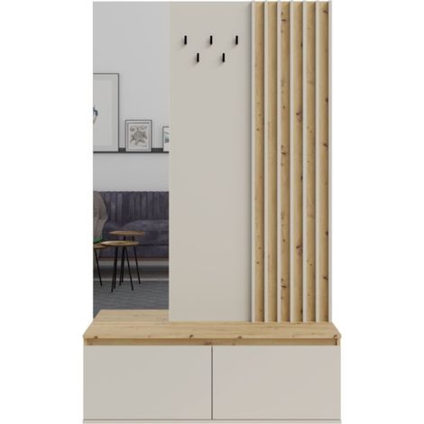 Möbel für den Eingangsbereich NEMO 120 cm mit Garderobenhaken, Spiegel und Stauraum – Helles Eichenholz und Beige Kaschmir (1/5)