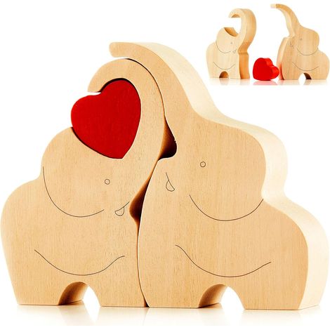 Figurine de couple d'éléphants d'amour en bois avec cœur rouge - Cadeau de décoration d'ornement d'éléphants (1/5)