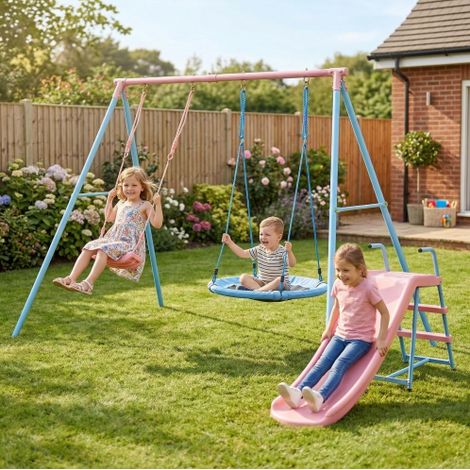 Kinderschaukel mit Rutsche, 2 Sitze, Stahl, blau und rosa OKMYHOME (1/5)