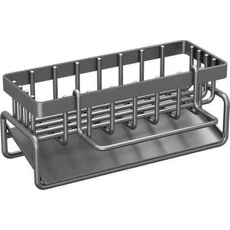 Porte-éponge (gris) pour évier de cuisine, étagère d'évier auto-drainante en acier inoxydable, porte-savon, porte-éponge, porte-torchon, panier filtre (1/5)