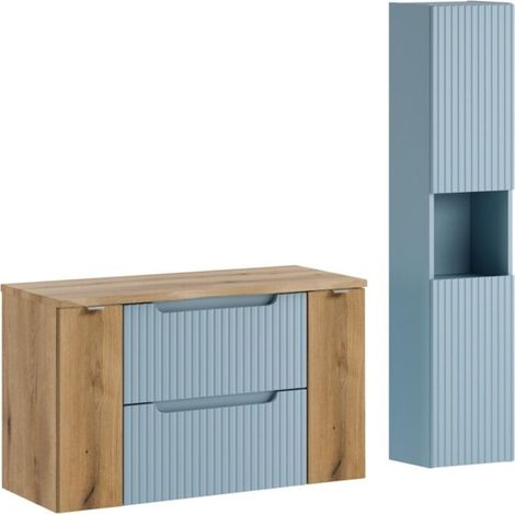 Insieme sospeso VANO blu denim e rovere chiaro 130cm: mobili sotto lavabo con cassetti e armadietti + piano per lavabo + colonna