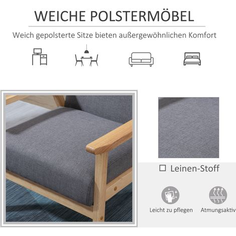 Fauteuil design scandinave, fauteuil d'accent, bois massif, aspect lin, 64 x 70 x 72 cm, gris et naturel (1/4)