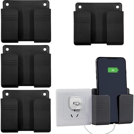 Juego de 4 soportes de pared para teléfono con adhesivo, base de carga, organizador de cables, caja multifuncional para ducha y cama (negro) (1/5)