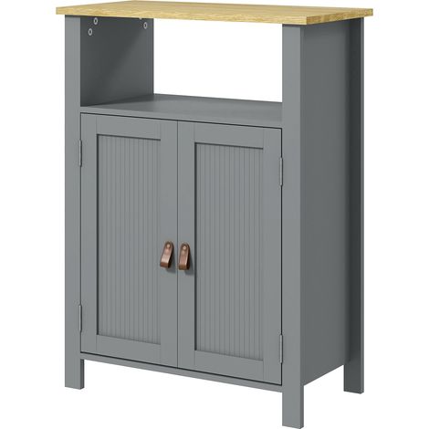 Meuble bas de salle de bain avec niche et placard double porte, gris et bois naturel, 60 × 30 × 80,5 cm (1/5)