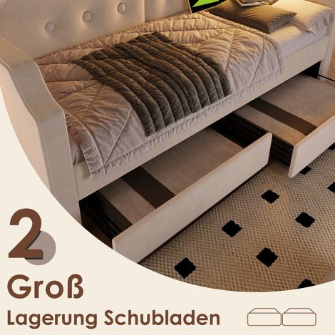 Canapé convertible capitonné 90x200 cm, lampe USB-C intégrée, 2 tiroirs de rangement, sommier à lattes bois, velours beige, lit ado et enfant, sans matelas (1/5)