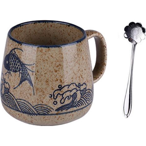 1 tasse à lait en céramique, 400 ml, avec couvercle et cuillère, tasse à cappuccino en faïence, grande tasse à petit-déjeuner (1/5)