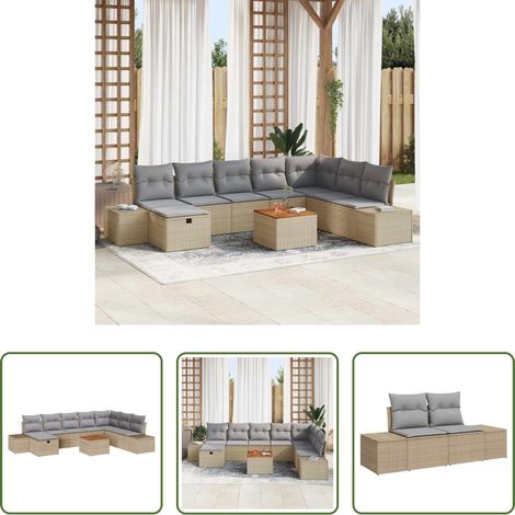 Mobilier extérieur - Ensemble de canapé de jardin avec coussin 9 pcs Beige polyrotin (1/5)