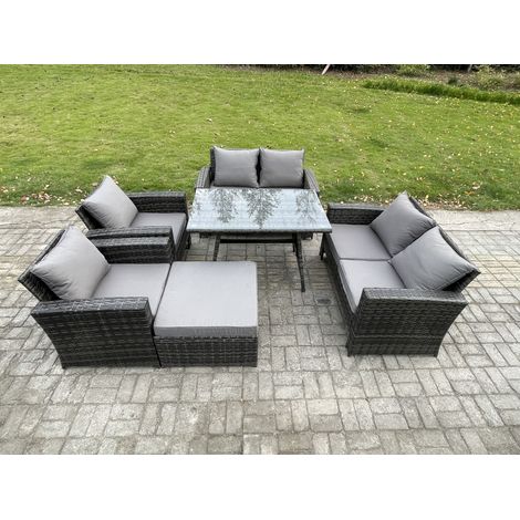 Fimous Rattan Garden Furniture Set 7 Seater Patio Outdoor Lounge Sofa Set with Rectangular Dining Table Love Seat Sofa Dark Grey Mixed (1/5)