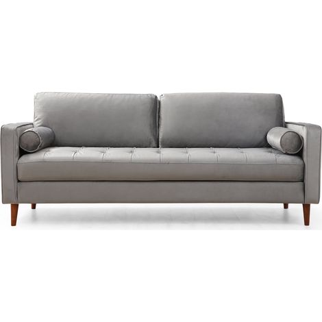 Canapé 3 places velours gris clair Romuza 215cm (1/5)