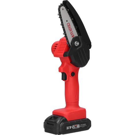 One battery and one charger, 5-cell 21V logging saw, lithium battery chainsaw (red), shipped in a cardboard box with battery, European standard AC220V. (1/5)