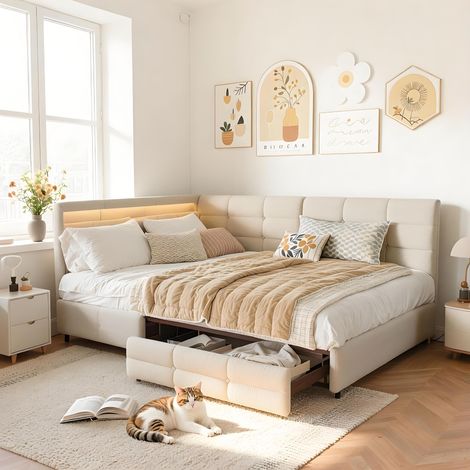 Canapé lit 140x190 avec rangement, LED lit avec ports USB et 2 tiroirs, Tête de Lit avec etagères ouverte, montable des deux côtés, Beige Lin (1/5)